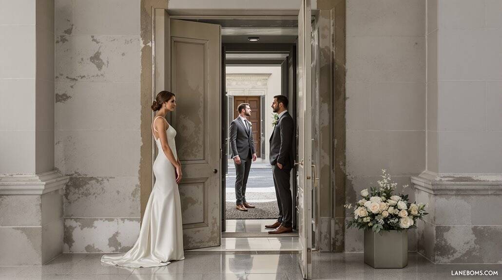 Bride and groom meet at the doorway of a grand, historic building for their wedding ceremony.