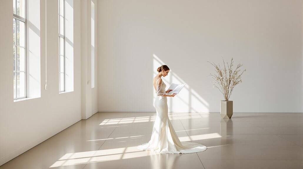 Bride in elegant wedding dress reading a book in bright, minimalist room with large windows.
