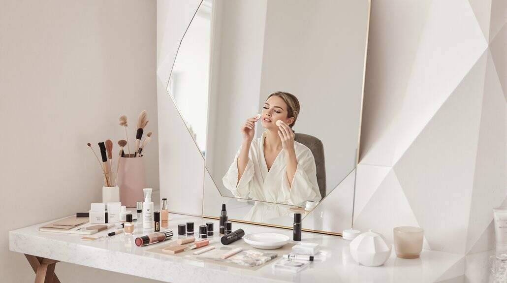 Bride applying makeup at a modern vanity with beauty products and mirror.