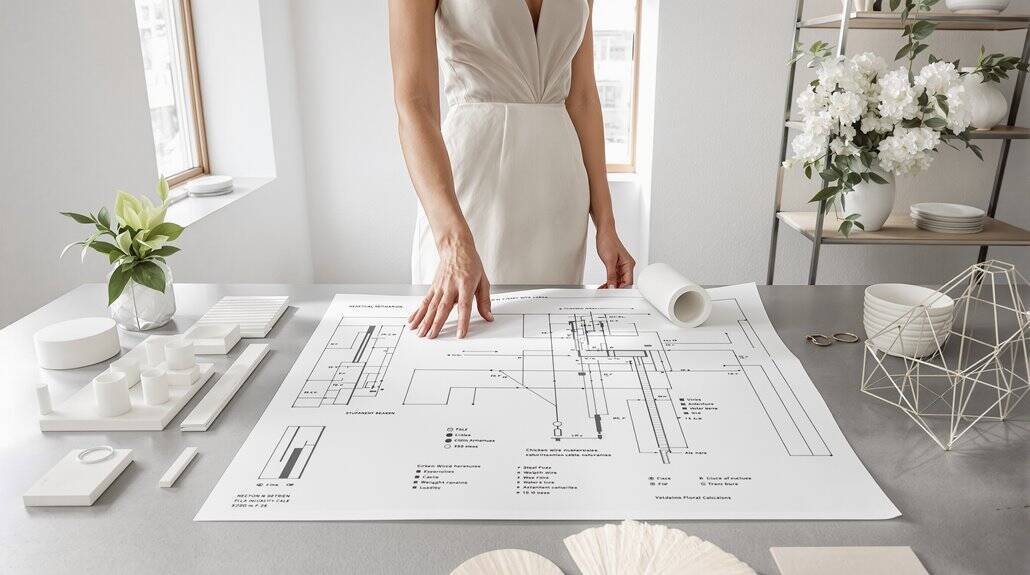 Elegant wedding planning with architectural blueprints and design elements.