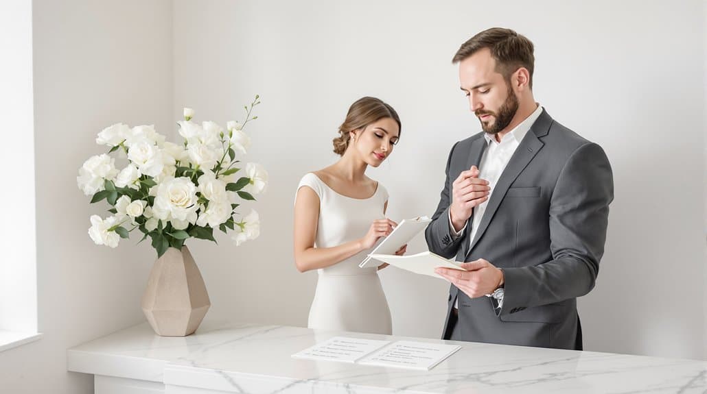 Bride and groom signing wedding documents at the venue.