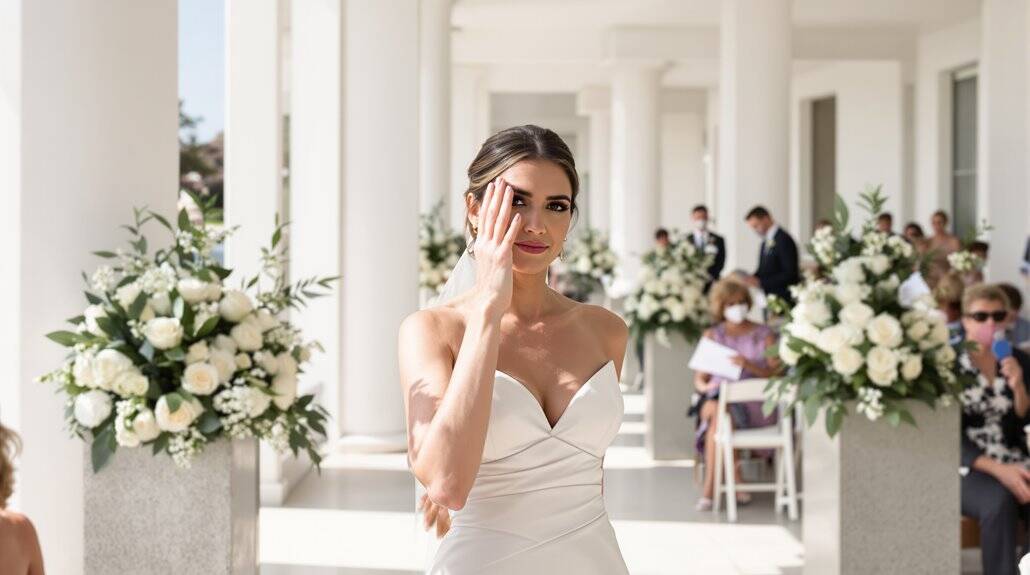 Bride with wedding dress at outdoor ceremony.
