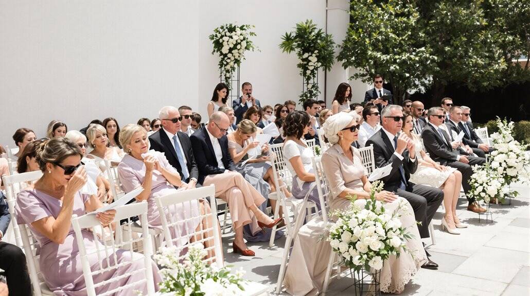 Guests attending an elegant outdoor wedding ceremony with floral decor and stylish attire.