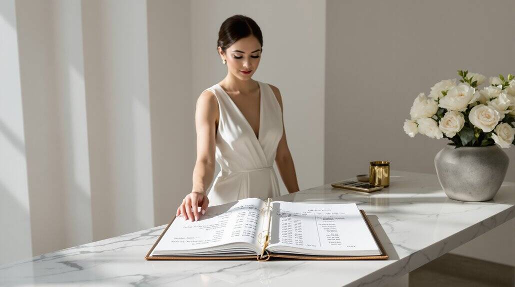 Bride reviewing wedding plans at a modern, elegant venue.