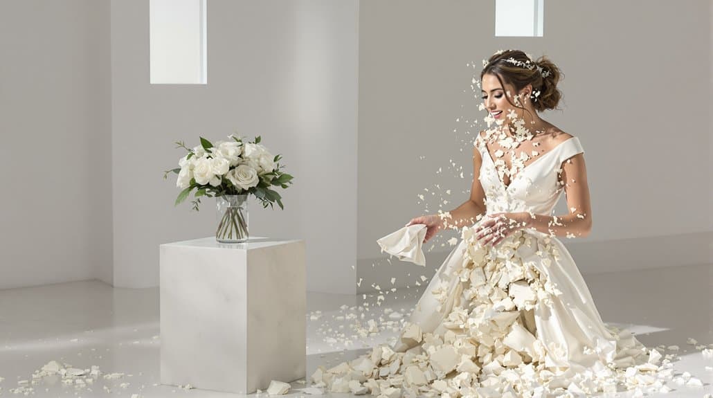 Bride in a white wedding gown with floral details, surrounded by flower petals.