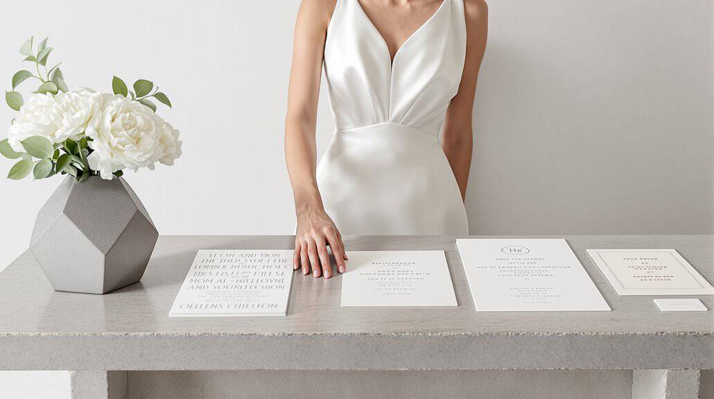 Elegant wedding dress with a deep V neckline and sleek design, paired with wedding invitations and s.