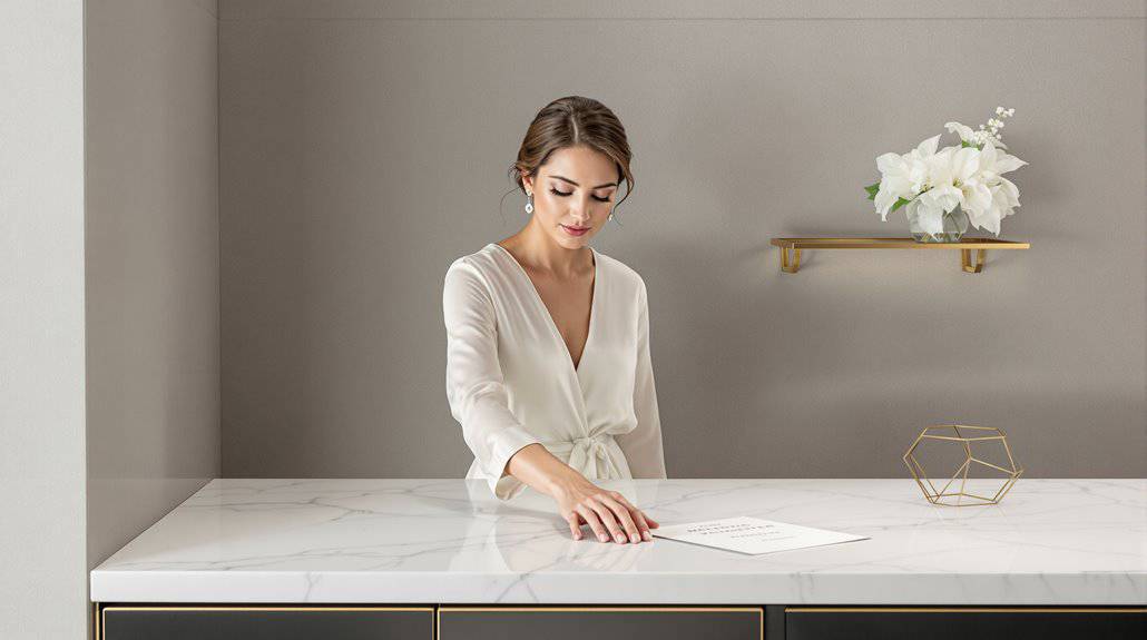 Bridal wedding planning scene with a bride reviewing documents at a modern, elegant desk.