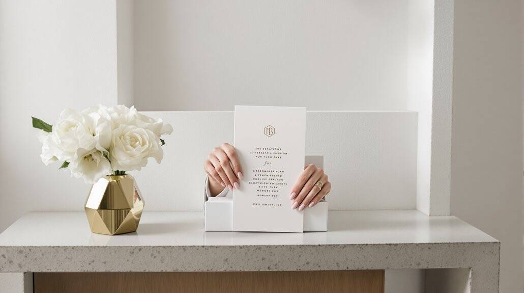 Elegant wedding invitation held by hands on a white table with flowers.