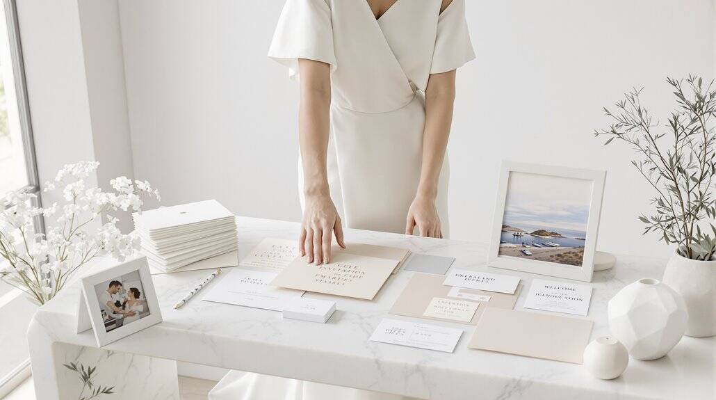 Elegant wedding table setup with wedding invitations, photo frames, and decorative elements.