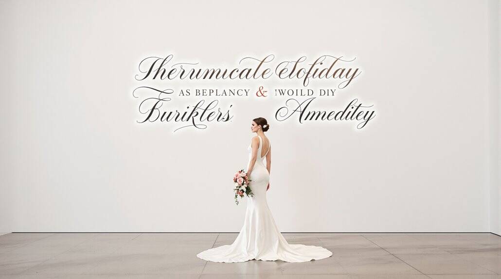 Elegant wedding dress on a bride holding a bouquet in a minimalist setting.