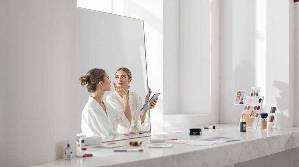 Two women applying makeup in a bright, modern studio for a wedding look.
