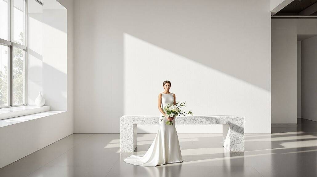 Elegant bride in a white wedding gown holding a bouquet in a modern, minimalist setting.