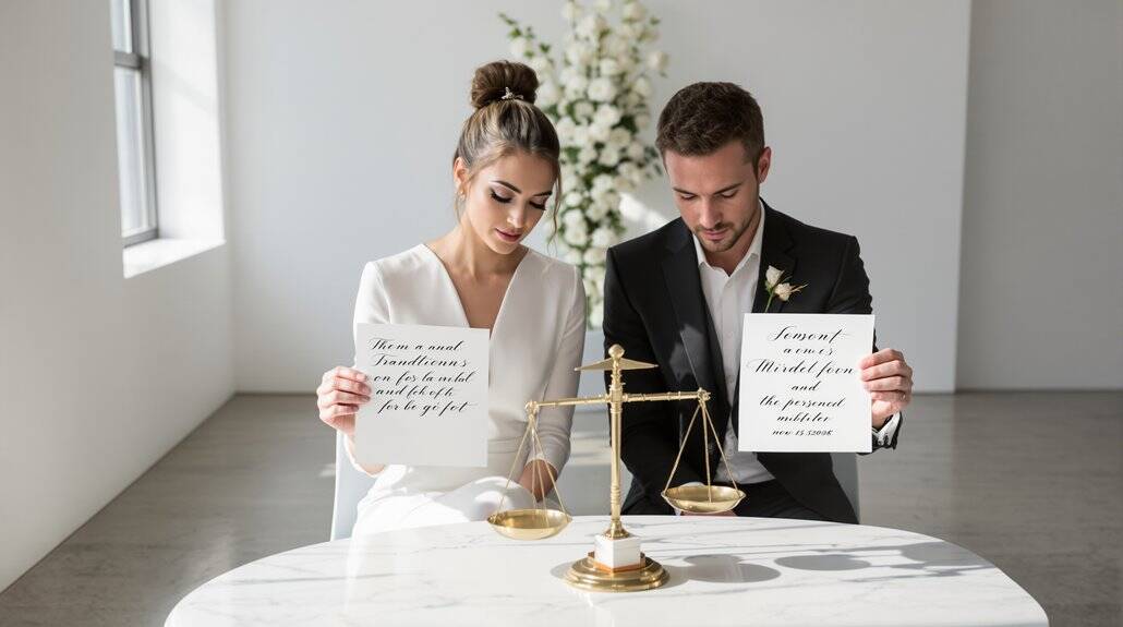 Elegant wedding couple signing marriage documents at a modern venue.