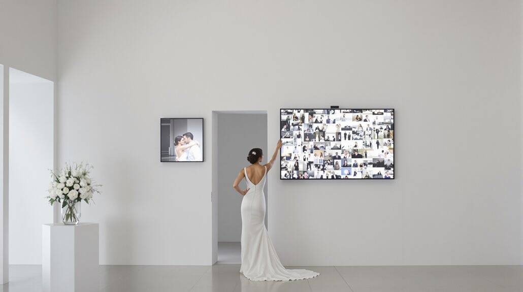 Bride in elegant wedding dress looking at photo wall in modern venue.