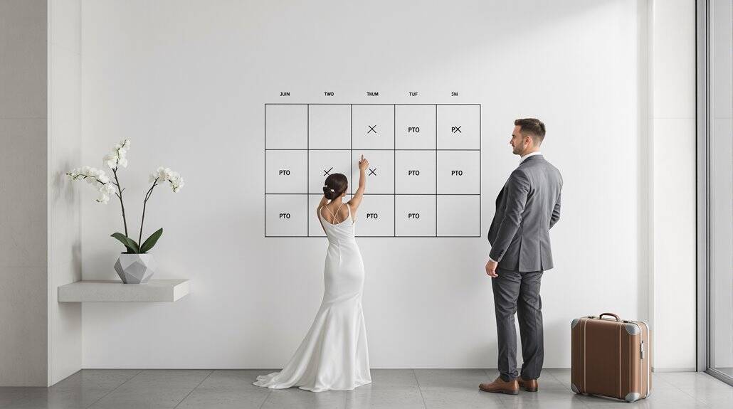 Bride and groom discussing wedding schedule on a whiteboard in modern office.