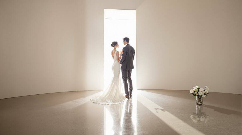 Bride and groom standing together in a bright, minimalist wedding venue with natural light.
