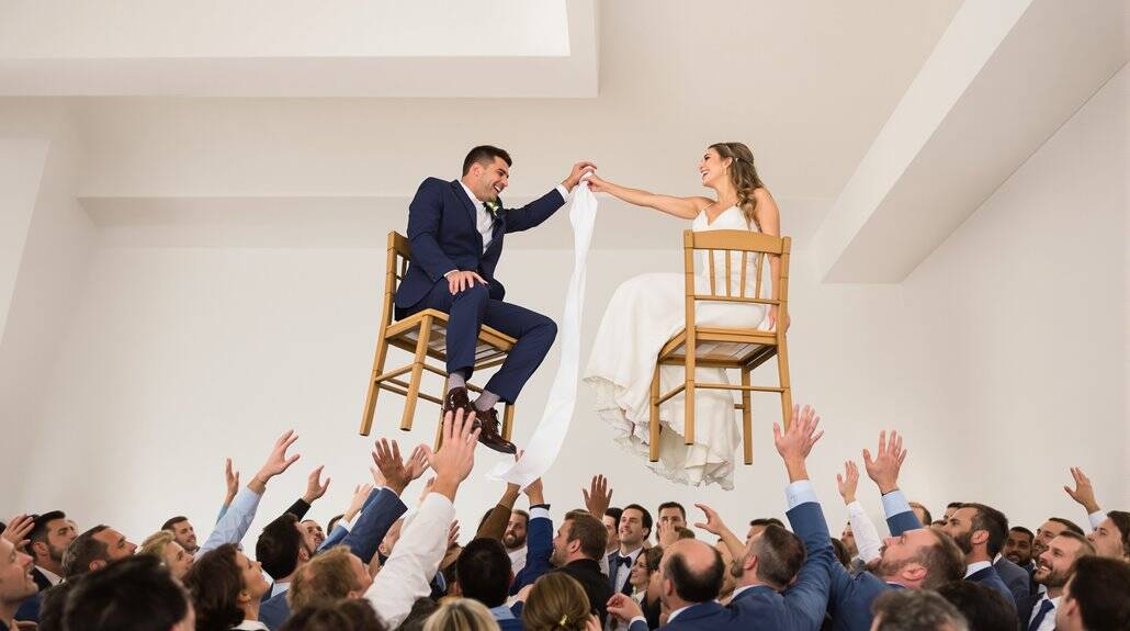Elegant wedding with floating chairs and joyful guests at the ceremony.