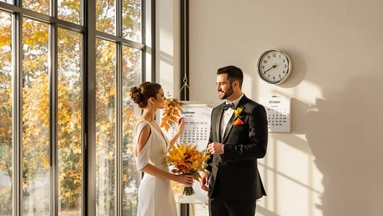 Bride and groom exchanging vows indoors with large windows and autumn scenery outside.