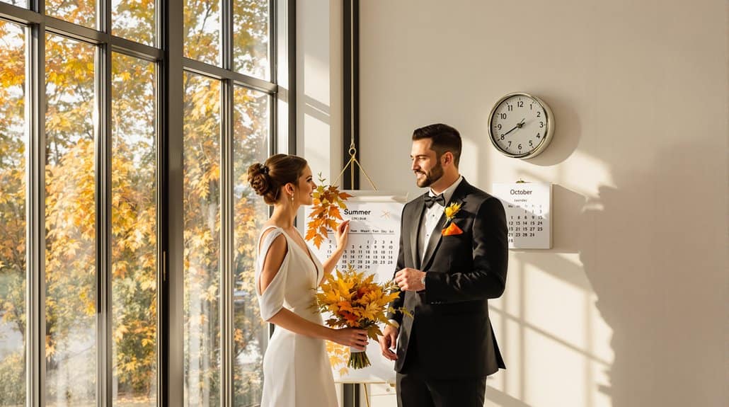 Bride and groom exchanging vows indoors with large windows and autumn scenery outside.