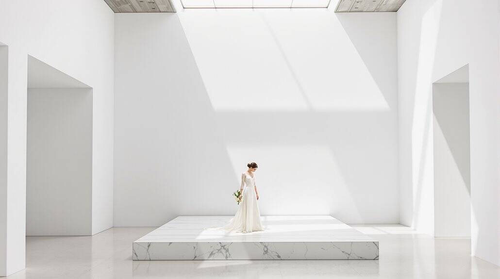 Bridal wedding dress on a minimalist white stage with natural light.