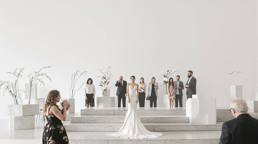 Modern wedding ceremony with bride, groom, and guests in a minimalist setting.