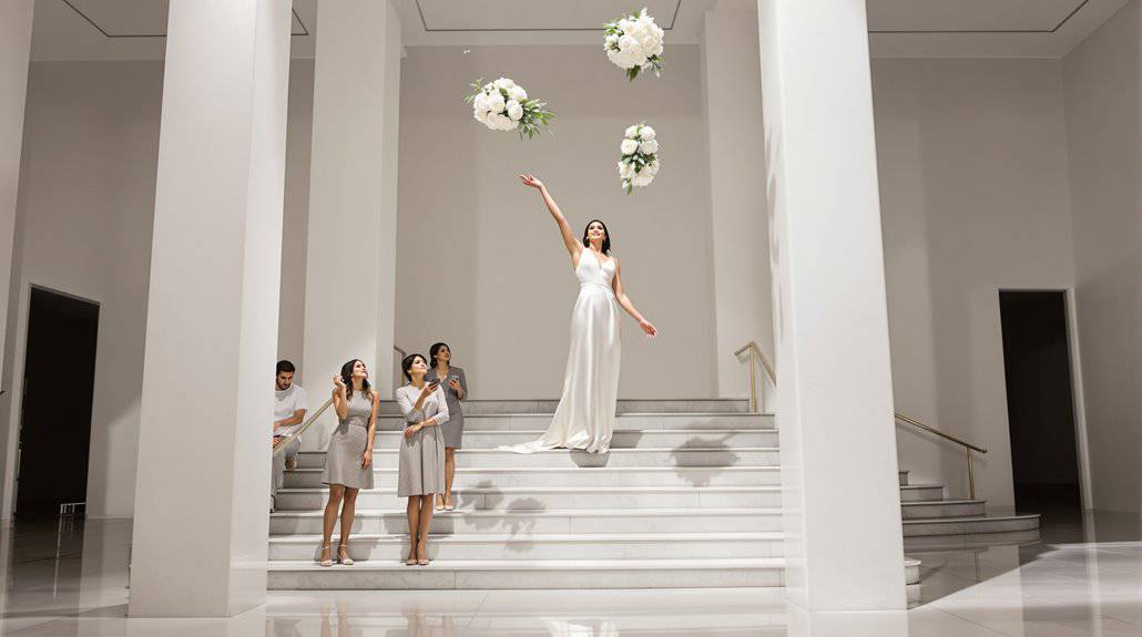 Bride walking down white stairs with floral arrangements at elegant wedding.