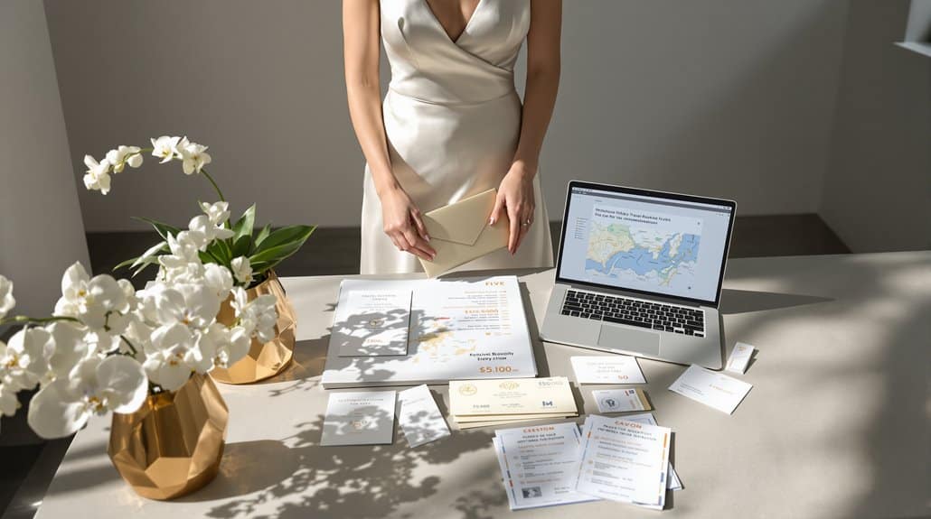Elegant wedding planning setup with documents and a laptop on a table.