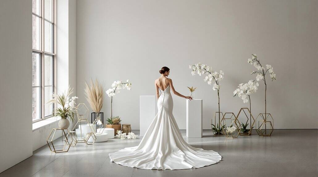 Elegant wedding dress on bride in minimalist studio with orchids and decor.