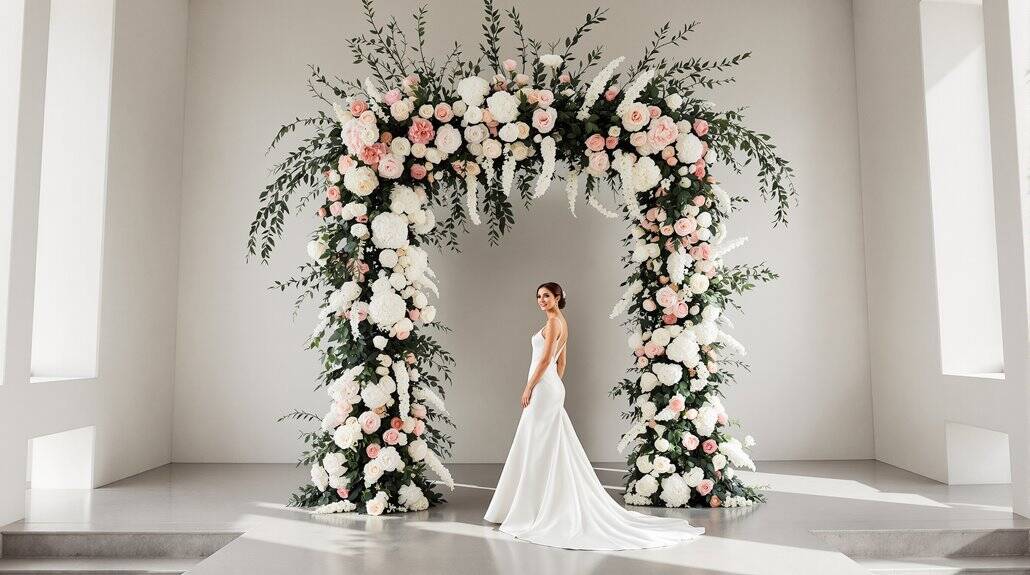 Elegant wedding floral arch with pink and white roses and greenery. Perfect for a romantic ceremony.