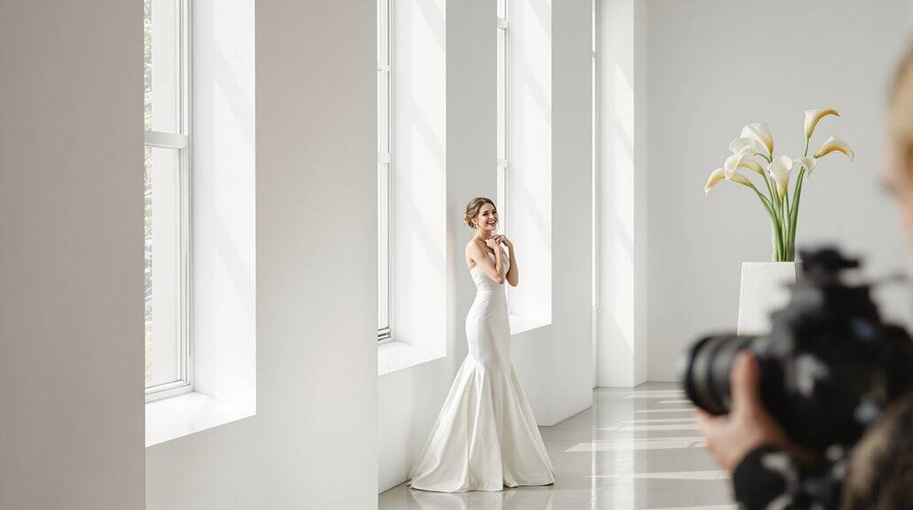 Bride in elegant wedding dress posing by large windows in bright studio.