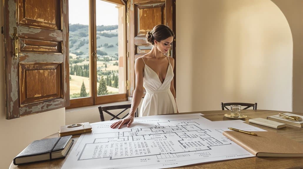 Bride reviewing wedding floor plan at a rustic venue.