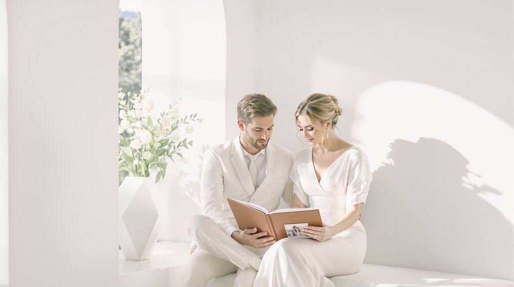 Happy bride and groom reading a wedding album in a bright, modern setting.