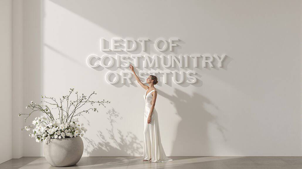 Elegant bride in white dress reaching for wall art at wedding venue.