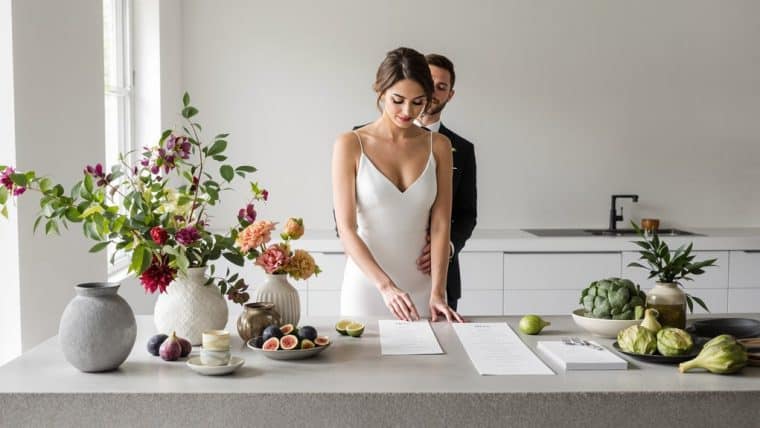 Bride and groom tasting wedding cake in modern kitchen setting.
