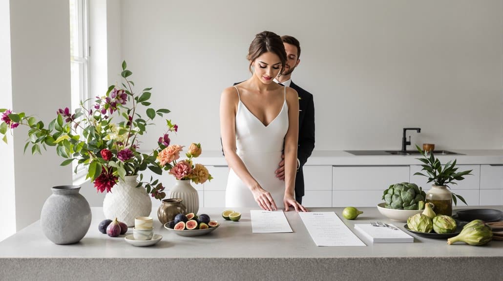 Bride and groom tasting wedding cake in modern kitchen setting.