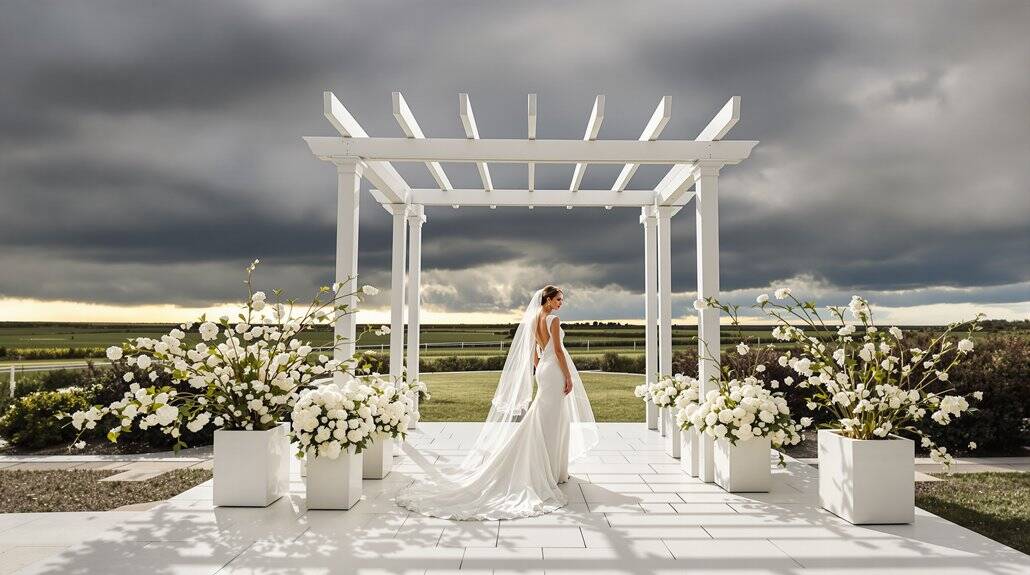 Bride in a white wedding dress standing under a white pergola with floral arrangements outdoors.