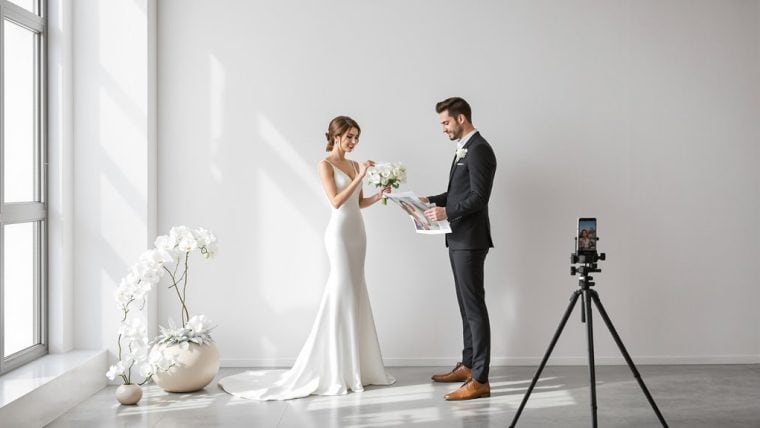 Bride and groom exchanging vows in a modern, minimalist wedding setting.
