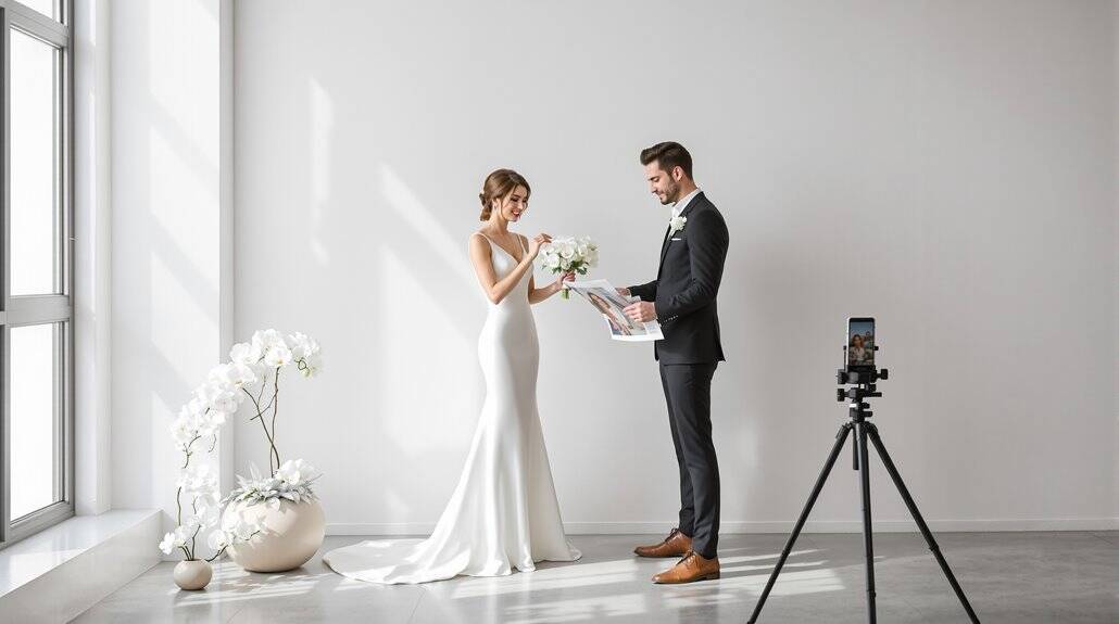 Bride and groom exchanging vows in a modern, minimalist wedding setting.