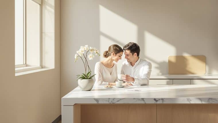 Elegant wedding couple enjoying coffee in a bright, modern kitchen with natural sunlight.