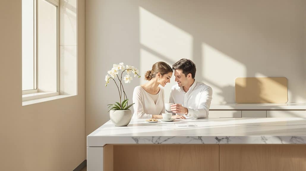 Elegant wedding couple enjoying coffee in a bright, modern kitchen with natural sunlight.