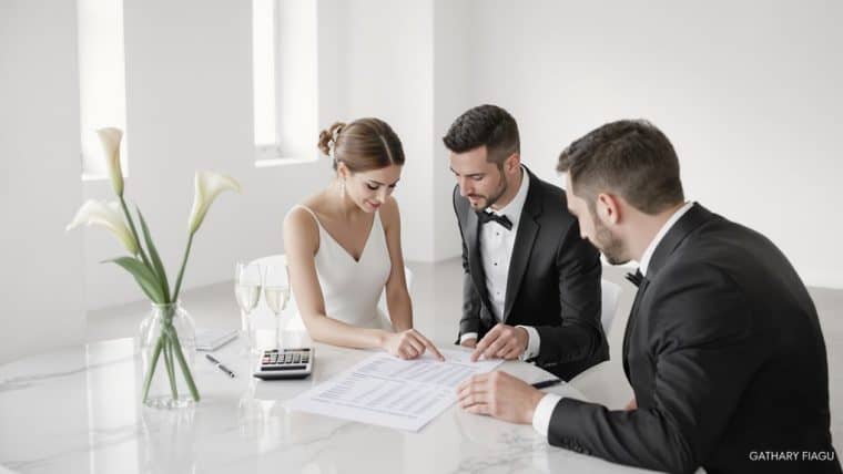 Wedding planning meeting with couple and planner in bright modern office.