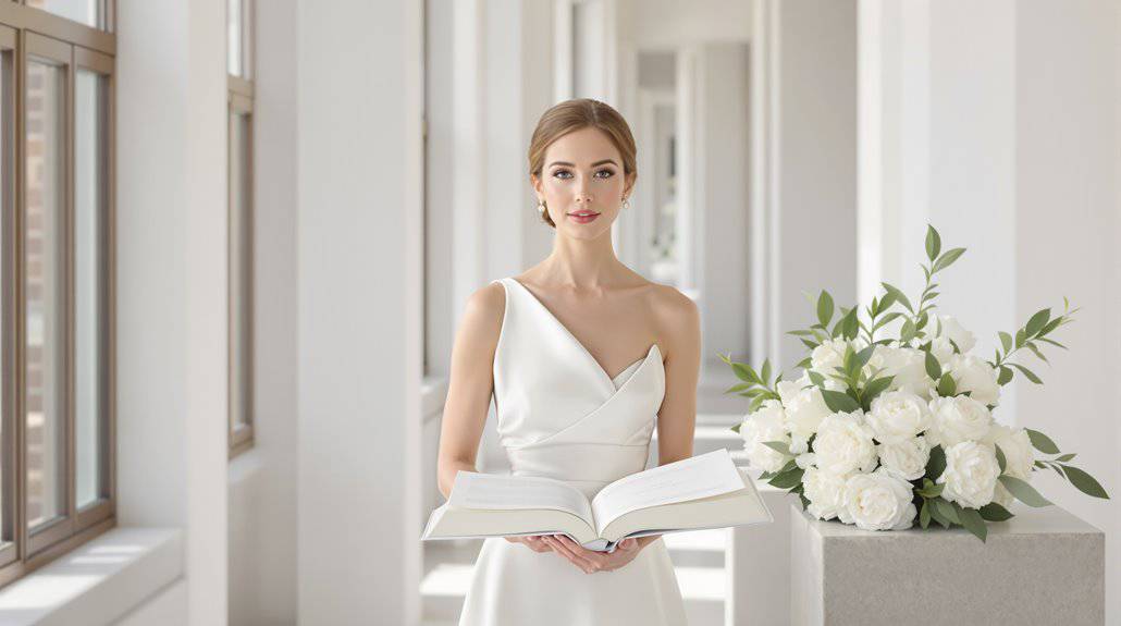 Beautiful bride in white wedding dress holding a book in a bright modern venue.