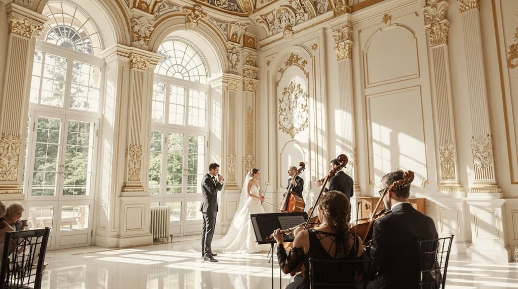Elegant wedding ceremony with musicians in a luxurious historic hall with ornate decor and large win.