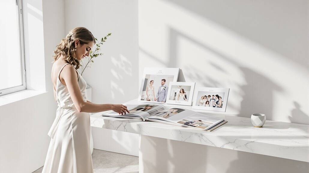 Bride viewing wedding photo album in bright, modern space with framed pictures on white marble count.
