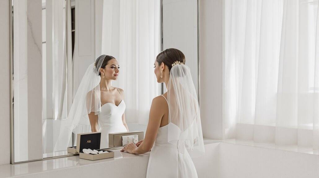 Bridal reflection in a mirror during wedding preparations, showcasing elegant wedding dresses and ve.