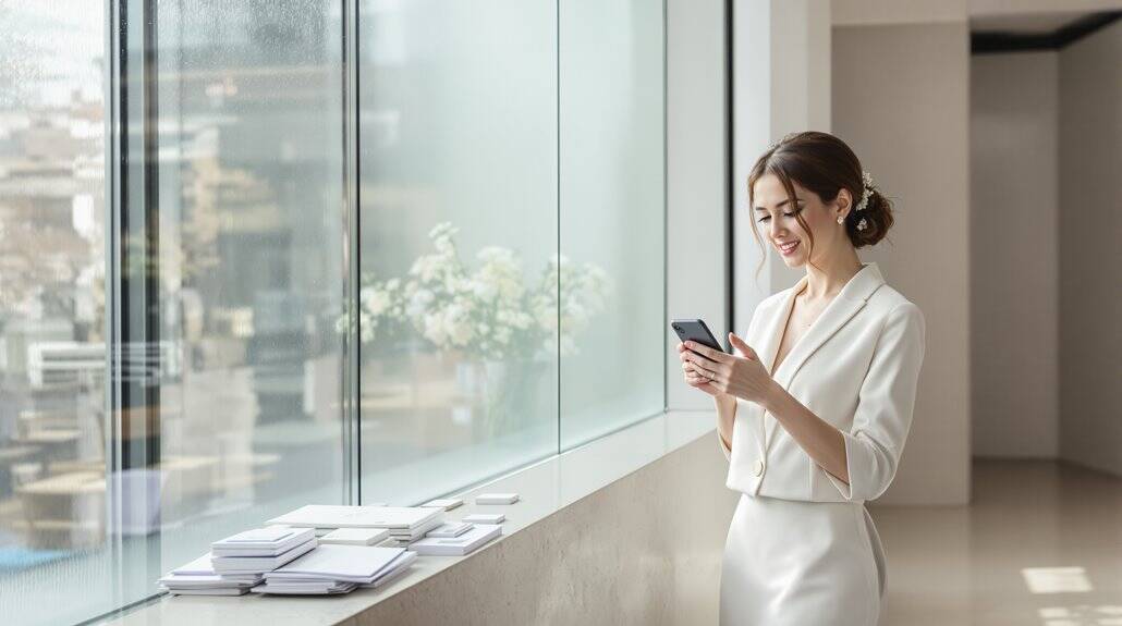 Businesswoman in elegant white suit smiling while using her phone in a modern office setting.