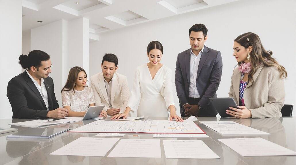 Business professionals discussing wedding plans around a table.