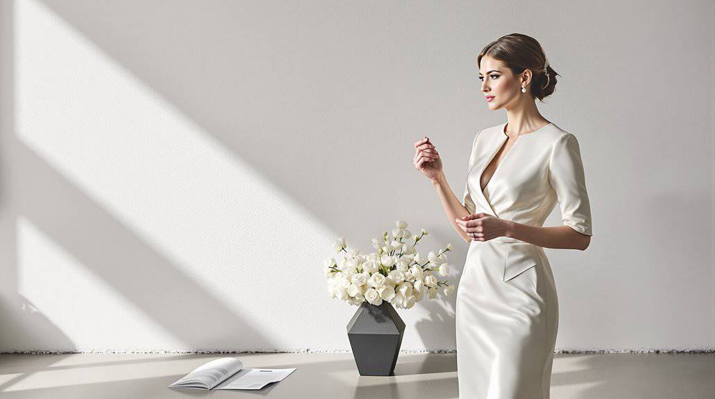 Elegant bride in white wedding dress holding a bouquet in a minimalist setting.