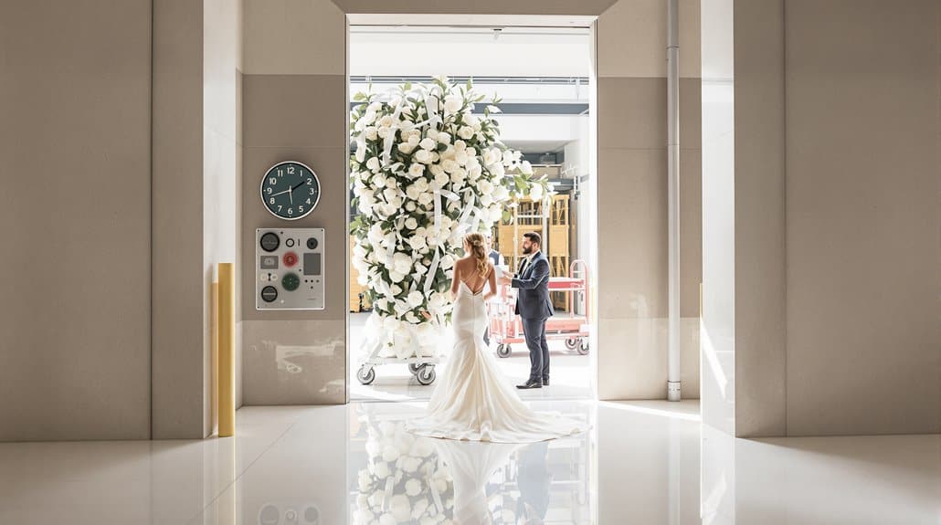 Bride and groom in wedding attire at elevator entrance with floral arrangement.