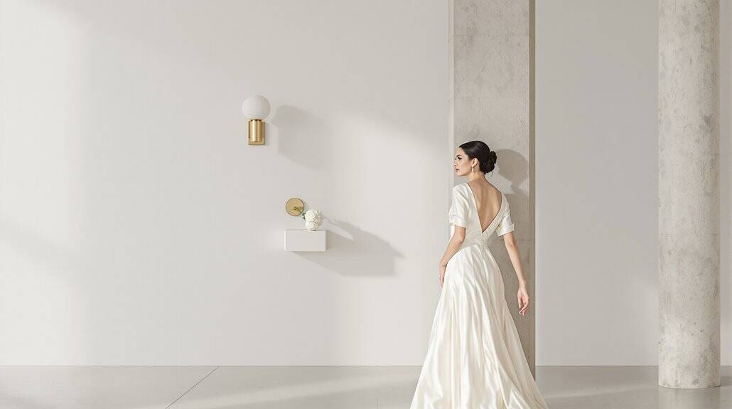 Elegant wedding dress with flowing fabric and classic design.